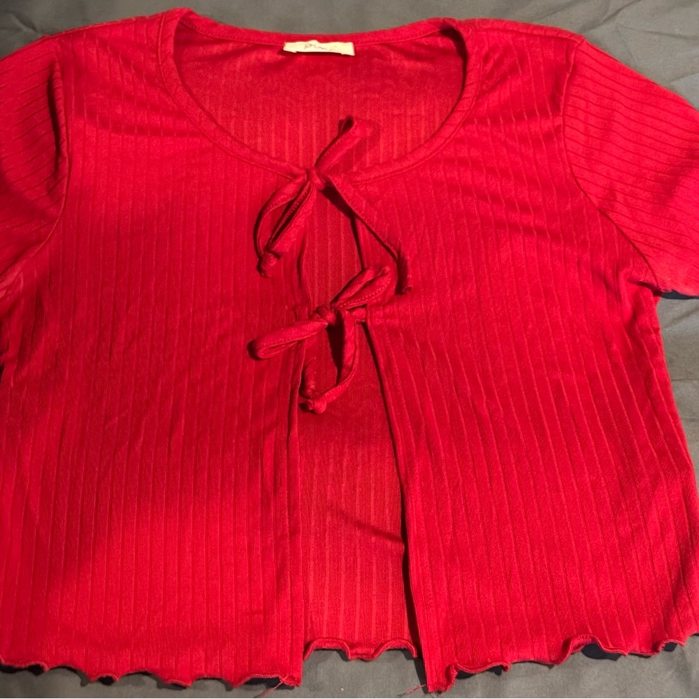 Red Ribbed Tie-Front Top - Picture 2 of 3